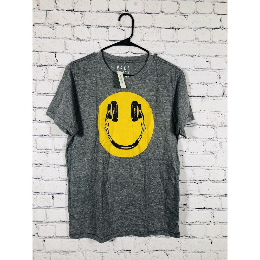 Free State Men Smiley Face Headphone T-Shirt Graphic Crew Neck Grey Size M